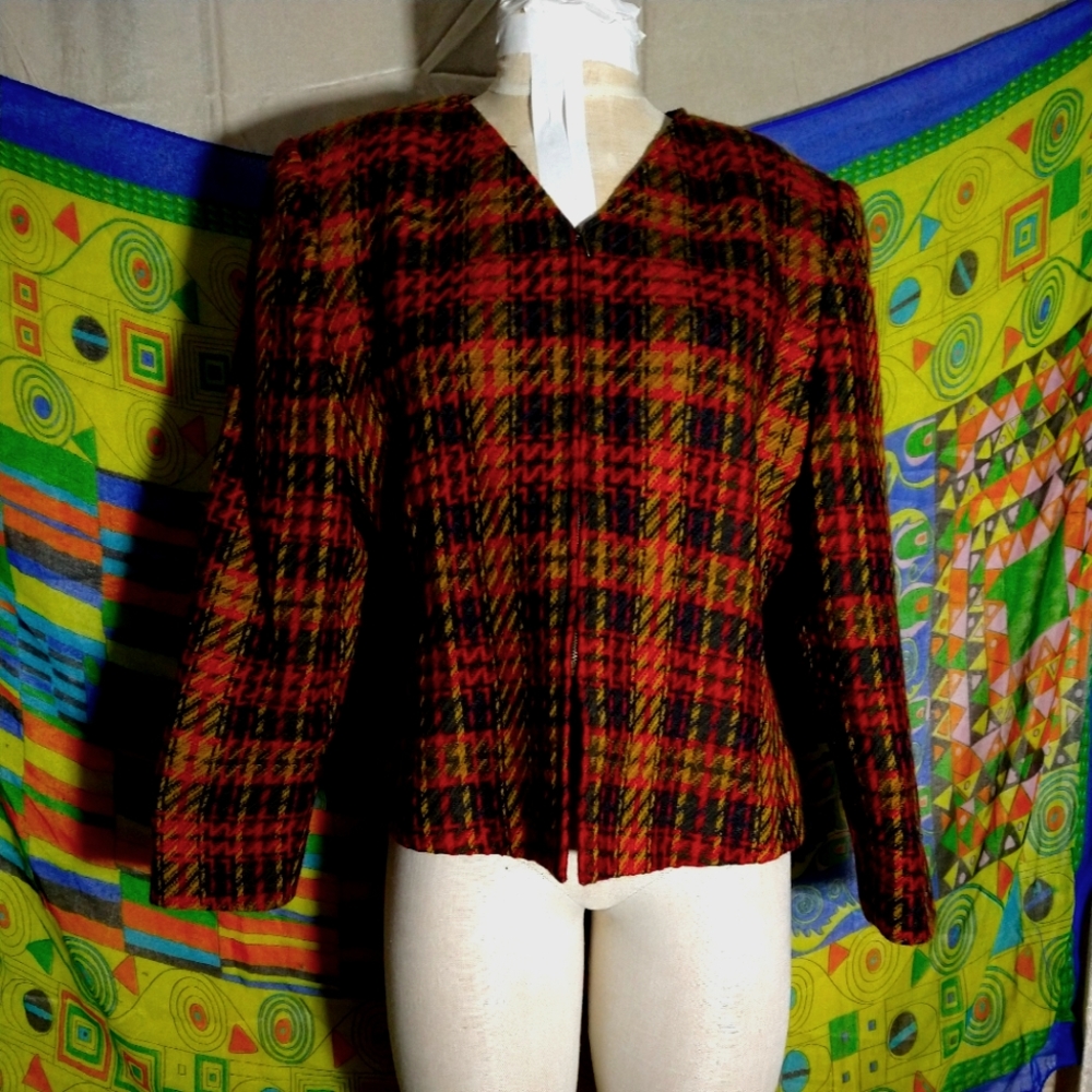 Vintage Kasper Red Black Brown Check Plaid Wool Zip Up Power Suit Blazer. By Kas